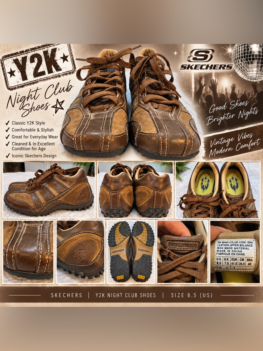Vintage Y2K Sketchers Night Club Brown Leather Sneakers Shoes US 8.5 EUC For Age